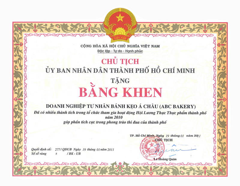 Bằng Khen từ UBND TPHCM về có nhiều thành tích trong tổ chức tham gia các hoạt động Hội Lương Thực Thực phẩm thành phố 2010